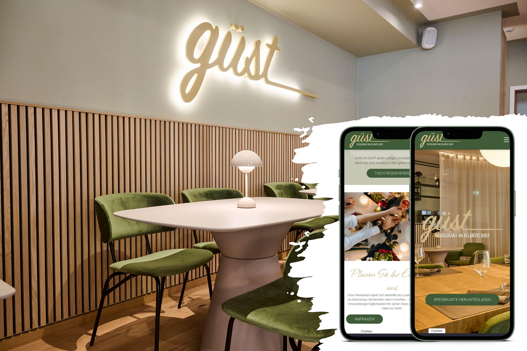 Restaurant güst Innenansicht, beleuchtetes Schild und Mockup der Website