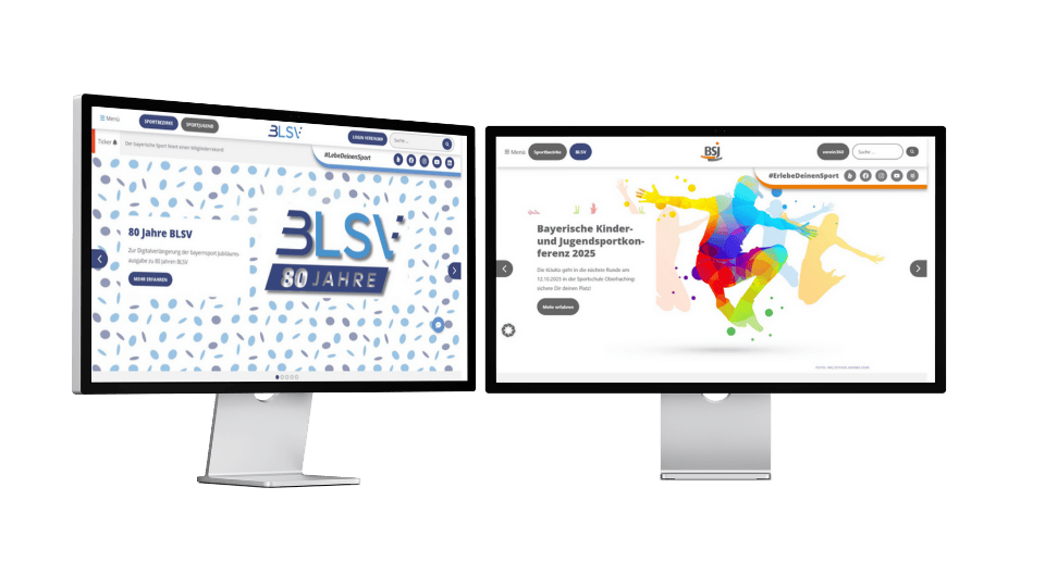 Bayerischer Landes-Sportverbund Zwei Desktop Bildschirme mit Webseiten von BLSV und BSJ offen