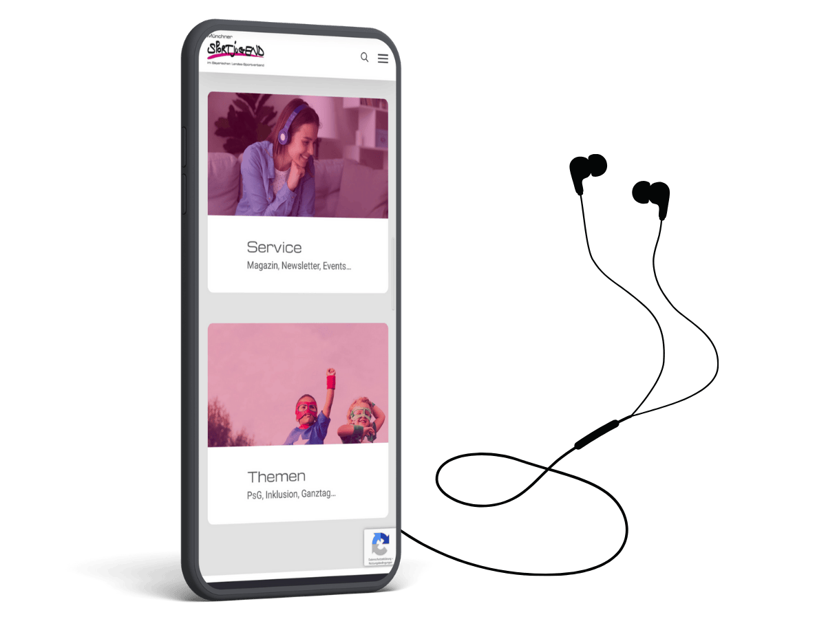Bayerischer Landes-Sportverbund Smartphone mit geoeffneter msj-Seite, Kopfhoerer